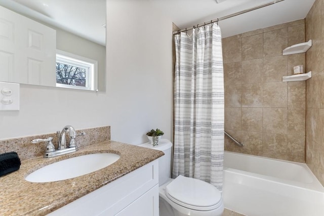 bathroom with toilet, shower / bathtub combination with curtain, and vanity
