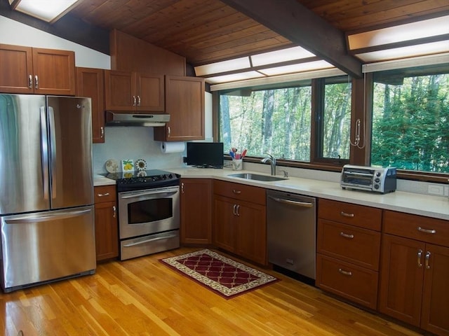 94 Bingham Rd, Carlisle, MA 01741 - kitchen with appliances with stainless steel finishes, under cabinet range hood, wood ceiling, a sink, and light countertops