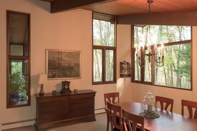 94 Bingham Rd, Carlisle, MA 01741 - carpeted dining space with a baseboard heating unit and wooden ceiling