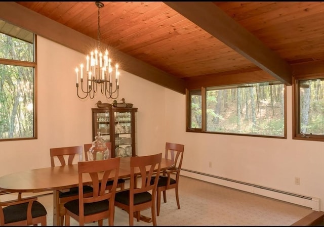 94 Bingham Rd, Carlisle, MA 01741 - dining space featuring a baseboard radiator, wooden ceiling with exposed beams, plenty of natural light, a chandelier, and carpet