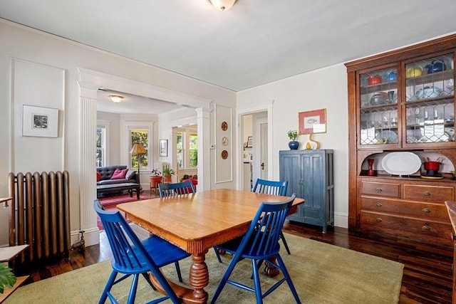 69 Bradfield Ave Unit 1, Boston, MA 02131 - dining room with radiator heating unit, ornate columns, and dark wood-style flooring