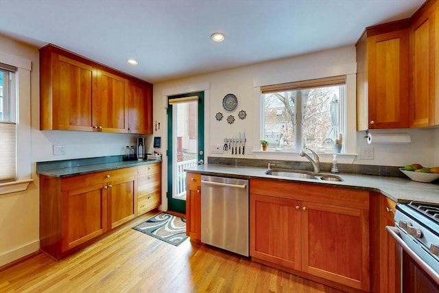 kitchen with brown cabinetry, appliances with stainless steel finishes, and a sink