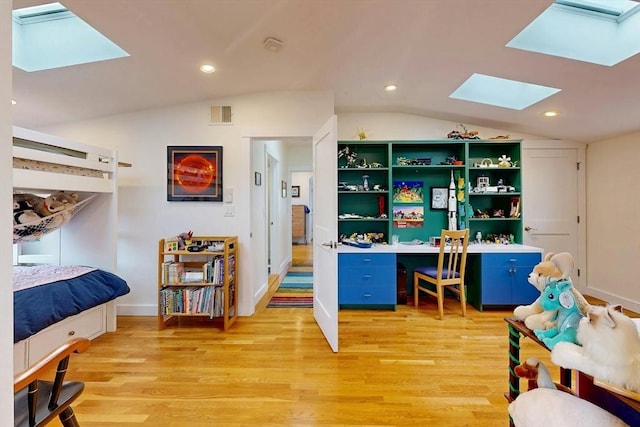 bedroom with recessed lighting, visible vents, lofted ceiling with skylight, and light wood-style flooring