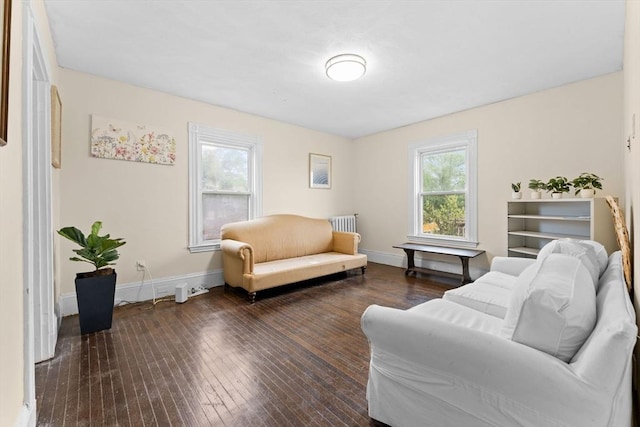 living room featuring radiator, wood-type flooring, and baseboards