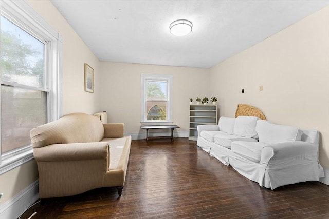 living area with wood finished floors and radiator heating unit