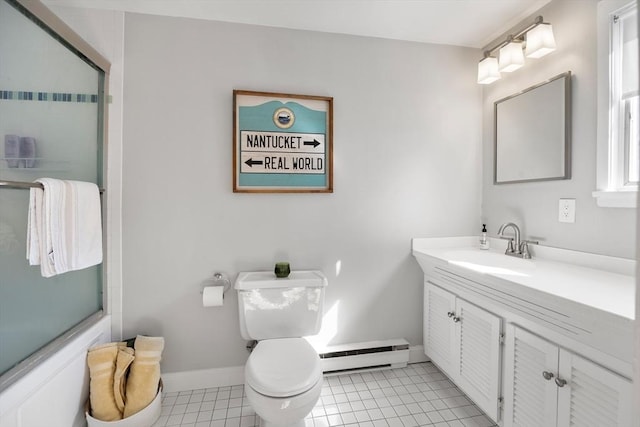 full bathroom with vanity, a shower with shower door, and baseboard heating