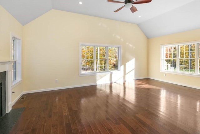 390 Marshall St, Leicester, MA 01524 - unfurnished living room featuring a high end fireplace, dark hardwood / wood-style floors, vaulted ceiling, and ceiling fan