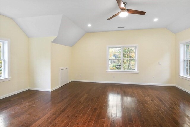 390 Marshall St, Leicester, MA 01524 - additional living space with dark hardwood / wood-style floors, ceiling fan, and vaulted ceiling