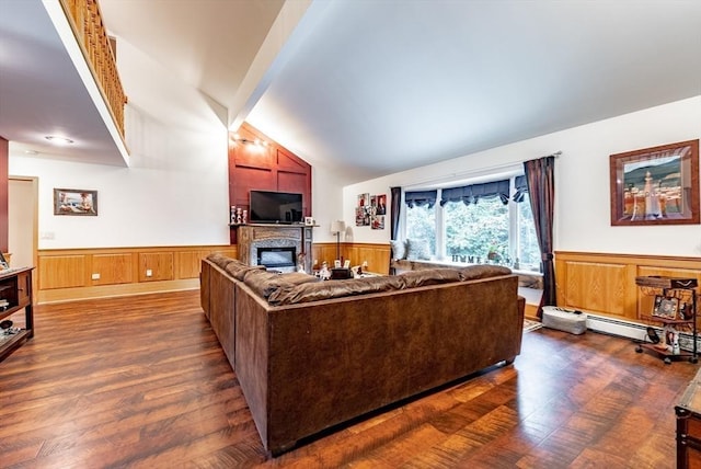 140 Sheffield Dr, Belchertown, MA 01007 - living area featuring a wainscoted wall, vaulted ceiling, dark wood finished floors, a glass covered fireplace, and wooden walls