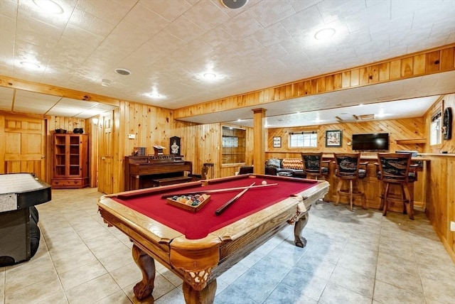 140 Sheffield Dr, Belchertown, MA 01007 - recreation room with wood walls, pool table, bar area, and light tile patterned floors