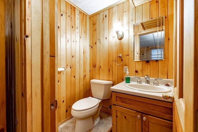 140 Sheffield Dr, Belchertown, MA 01007 - half bath with toilet, vanity, tile patterned floors, and wooden walls