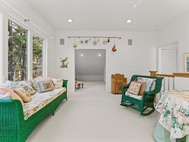 game room with recessed lighting, visible vents, and carpet floors