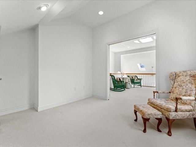 sitting room with recessed lighting, baseboards, lofted ceiling, and carpet floors