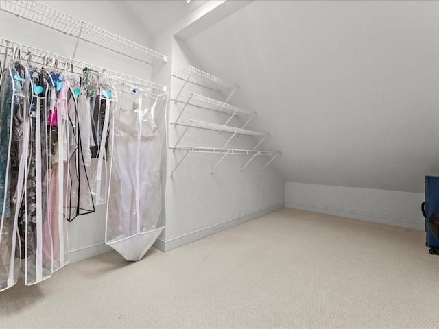 walk in closet featuring carpet flooring and vaulted ceiling