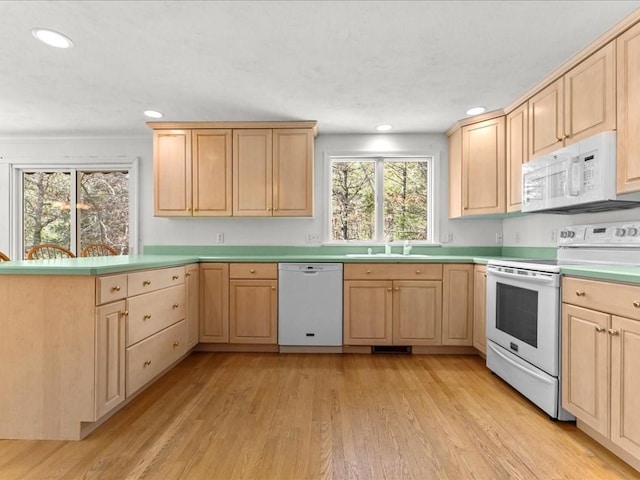 kitchen with a sink, white appliances, light brown cabinetry, and light wood finished floors