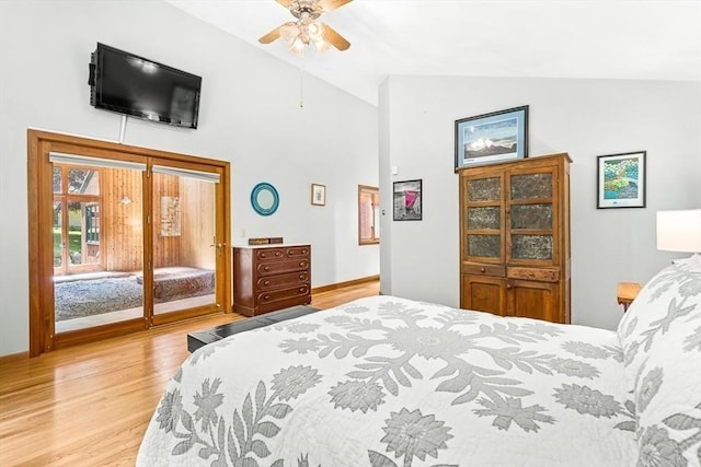 75 Winter St, Hopkinton, MA 01748 - bedroom with access to outside, light wood-type flooring, high vaulted ceiling, and ceiling fan