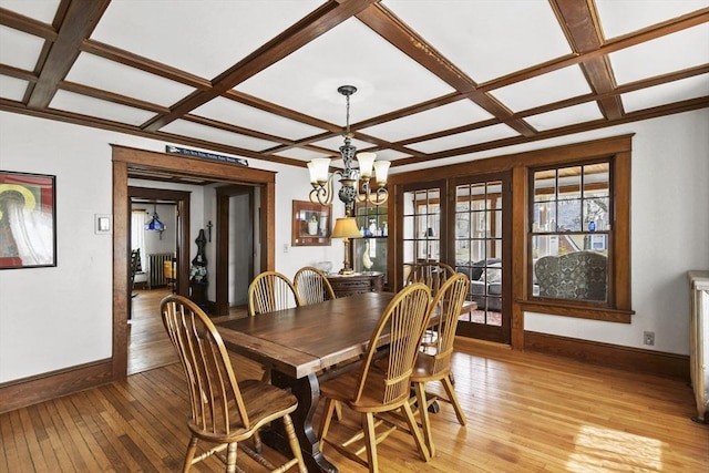 127 Carson Ave, Dalton, MA 01226 - dining room featuring coffered ceiling, baseboards, light wood finished floors, a chandelier, and beam ceiling