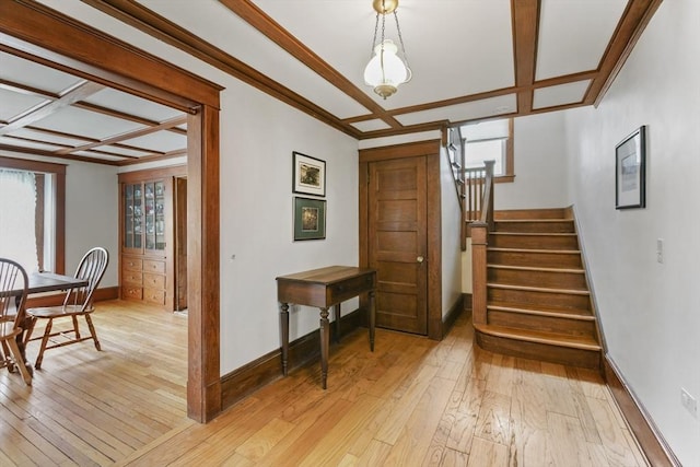 127 Carson Ave, Dalton, MA 01226 - staircase with plenty of natural light, baseboards, hardwood / wood-style flooring, coffered ceiling, and ornamental molding