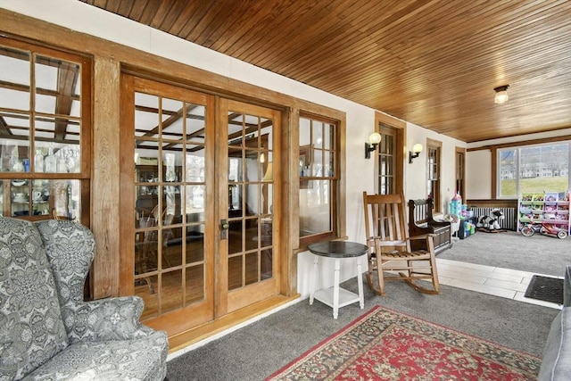 127 Carson Ave, Dalton, MA 01226 - sunroom / solarium featuring french doors, wooden ceiling, carpet floors, and tile patterned floors