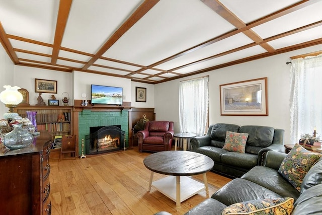 127 Carson Ave, Dalton, MA 01226 - living room with coffered ceiling, healthy amount of natural light, a brick fireplace, and light wood-style flooring