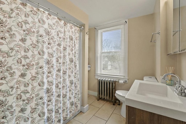 127 Carson Ave, Dalton, MA 01226 - bathroom with radiator heating unit, vanity, tile patterned flooring, toilet, and a shower with curtain