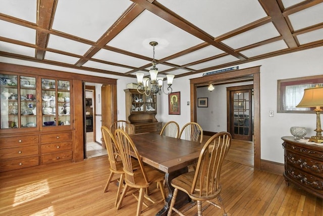 127 Carson Ave, Dalton, MA 01226 - dining area with coffered ceiling, light wood finished floors, a chandelier, and baseboards