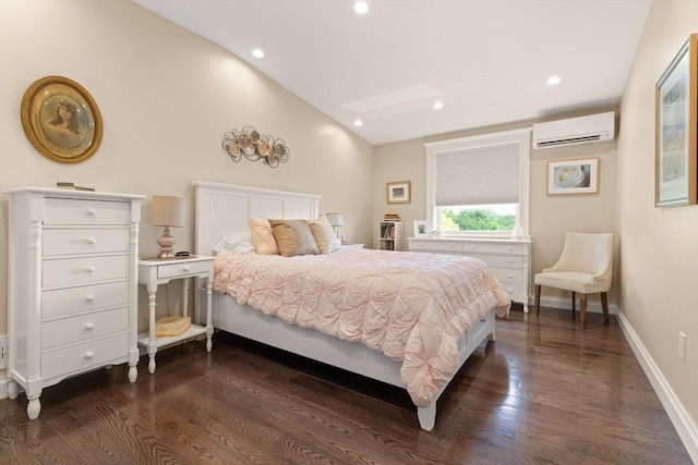 125 Heath St, Somerville, MA 02145 - bedroom with a wall mounted AC, dark wood-style flooring, vaulted ceiling, and recessed lighting