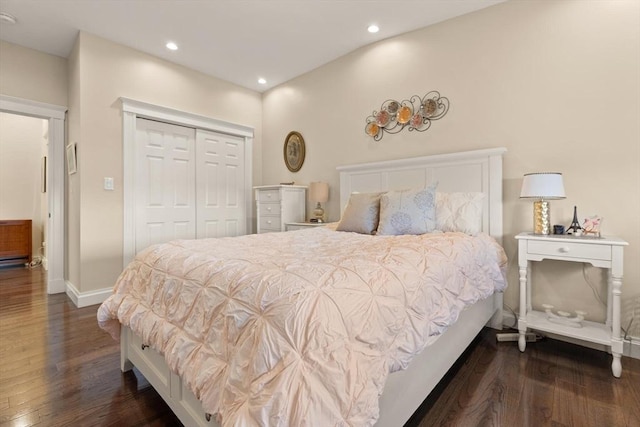 125 Heath St, Somerville, MA 02145 - bedroom featuring dark wood-style flooring, a closet, and recessed lighting