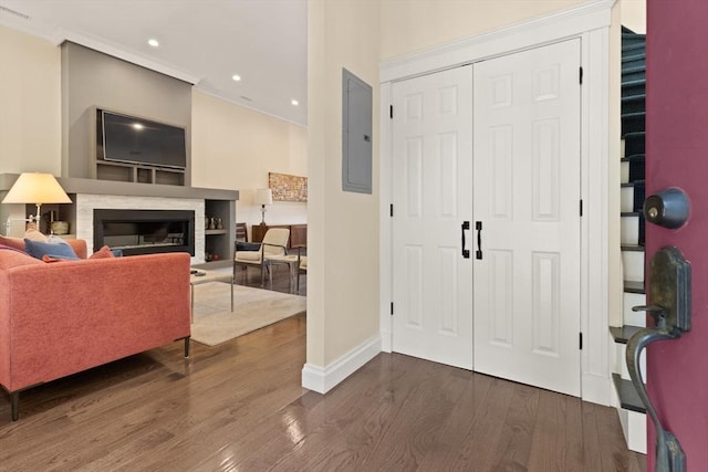 125 Heath St, Somerville, MA 02145 - foyer featuring electric panel, dark wood finished floors, a fireplace, crown molding, and recessed lighting
