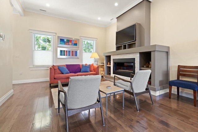 125 Heath St, Somerville, MA 02145 - living room with crown molding, hardwood / wood-style floors, a glass covered fireplace, and recessed lighting