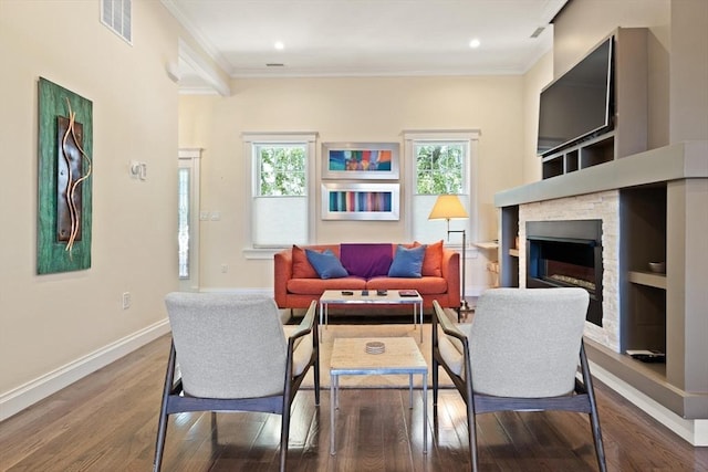 125 Heath St, Somerville, MA 02145 - living area featuring crown molding, plenty of natural light, wood finished floors, and a fireplace