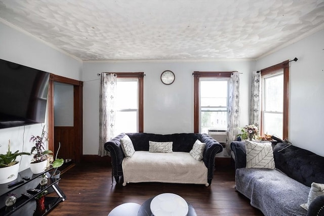 living room with a textured ceiling, crown molding, plenty of natural light, and dark wood-type flooring