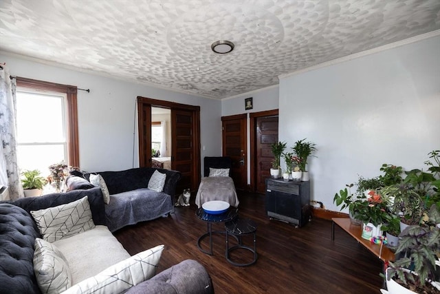 living room with crown molding and dark hardwood / wood-style floors