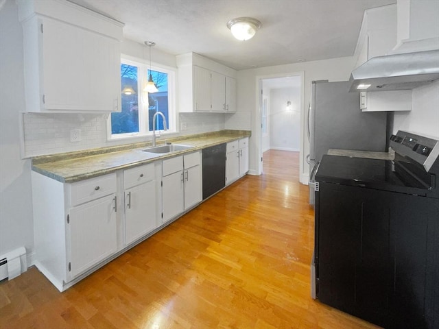 kitchen with pendant lighting, electric range, sink, black dishwasher, and white cabinets