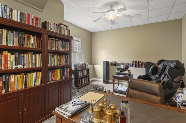 184 Burlingame Rd, Charlton, MA 01507 - living area with baseboards, ceiling fan, carpet floors, and a drop ceiling