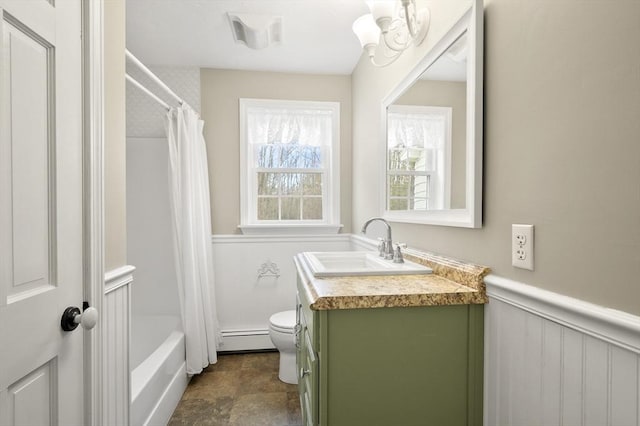 184 Burlingame Rd, Charlton, MA 01507 - full bath featuring toilet, a wainscoted wall, vanity, and a baseboard radiator