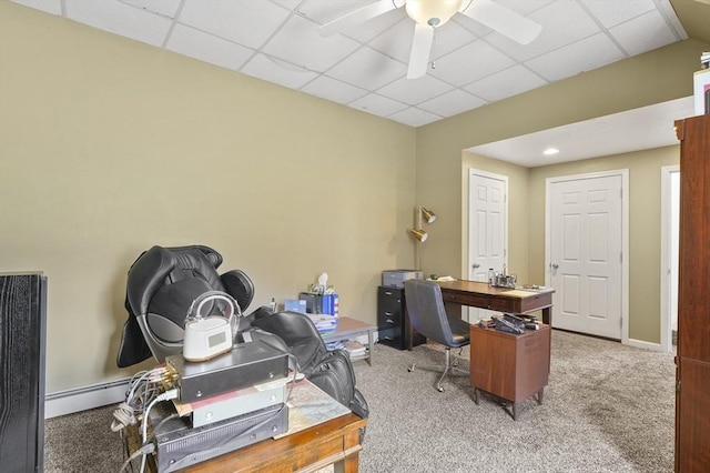 184 Burlingame Rd, Charlton, MA 01507 - home office featuring baseboard heating, ceiling fan, carpet, and a drop ceiling