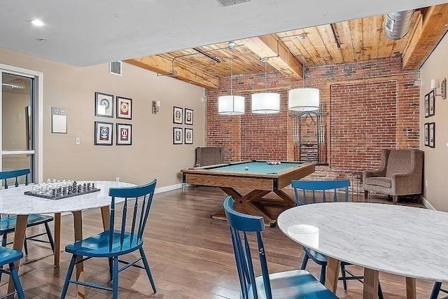 130 John Unit 213, Lowell, MA 01852 - recreation room featuring wood ceiling with exposed beams, brick wall, wood finished floors, baseboards, and pool table