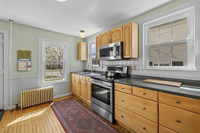 kitchen featuring appliances with stainless steel finishes, radiator, a sink, light wood finished floors, and dark countertops