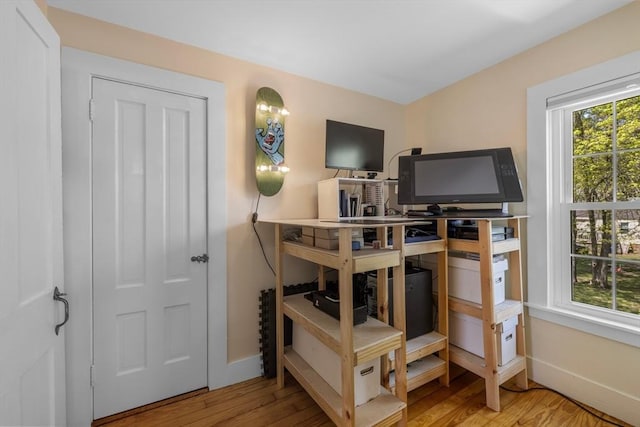bedroom with baseboards and wood finished floors