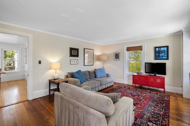 living room with hardwood / wood-style flooring, healthy amount of natural light, baseboards, and ornamental molding