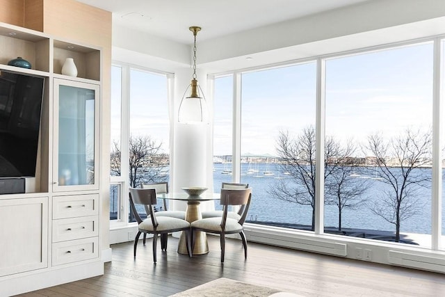 sunroom featuring a water view