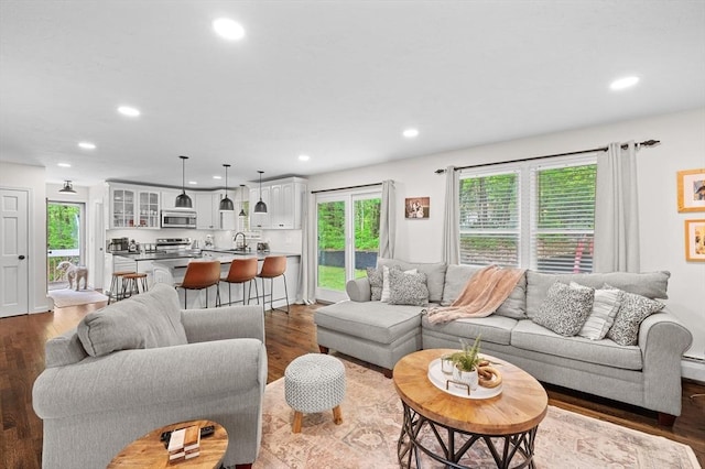10 Old Broad St, Holden, MA 01522 - living room featuring recessed lighting, dark wood-style floors, and baseboard heating