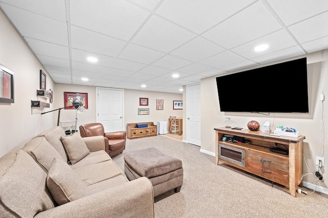 10 Old Broad St, Holden, MA 01522 - living room featuring carpet, baseboards, a paneled ceiling, and recessed lighting