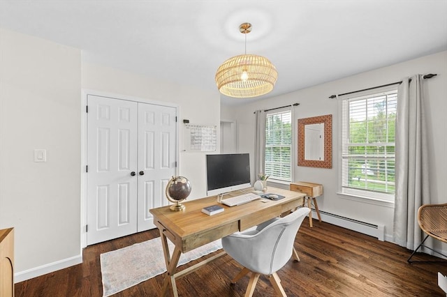 10 Old Broad St, Holden, MA 01522 - office space featuring a baseboard radiator, dark wood finished floors, and baseboards