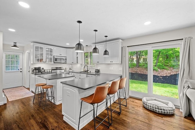 10 Old Broad St, Holden, MA 01522 - kitchen with stainless steel appliances, a breakfast bar, a sink, dark countertops, and white cabinetry