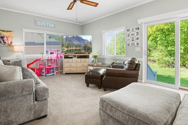 26 Gaslight Ln Unit 26, Easton, MA 02356 - carpeted living room featuring crown molding and a ceiling fan