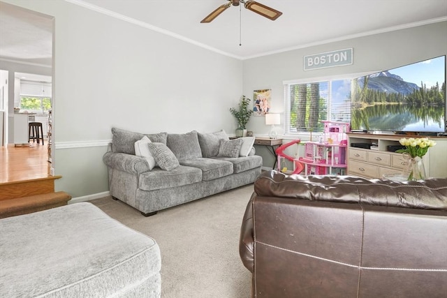 26 Gaslight Ln Unit 26, Easton, MA 02356 - carpeted living area featuring ceiling fan, ornamental molding, and baseboards