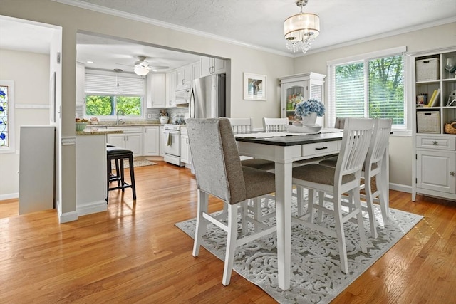 26 Gaslight Ln Unit 26, Easton, MA 02356 - dining space with light wood finished floors, ornamental molding, a chandelier, and ceiling fan
