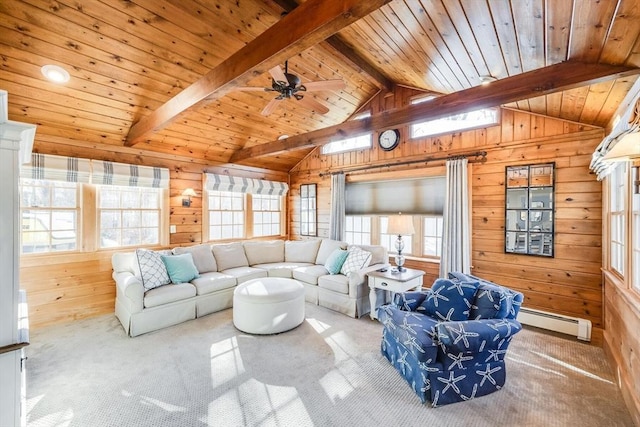 living area with lofted ceiling with beams, wooden walls, wooden ceiling, and carpet